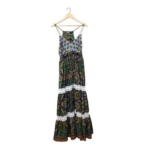 Art Silk Paisley Boho Maxi Dress Green‎ Blue Lace Crochet Tiered Smocked Waist